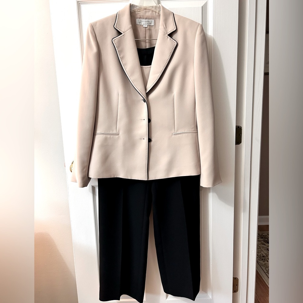 TAHARI women’s three piece suit in beige and black.